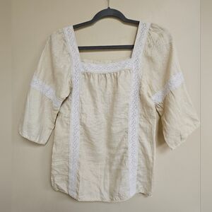 Tory Burch 2 Linen Lace Peasant Top Square Neck Beige Ivory Blouse